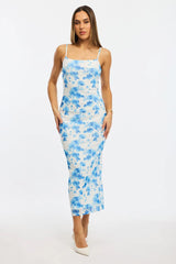 Blue Floral Bodycon Dress Mesh
