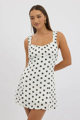 White Floral Mini Dress Gathered Bust