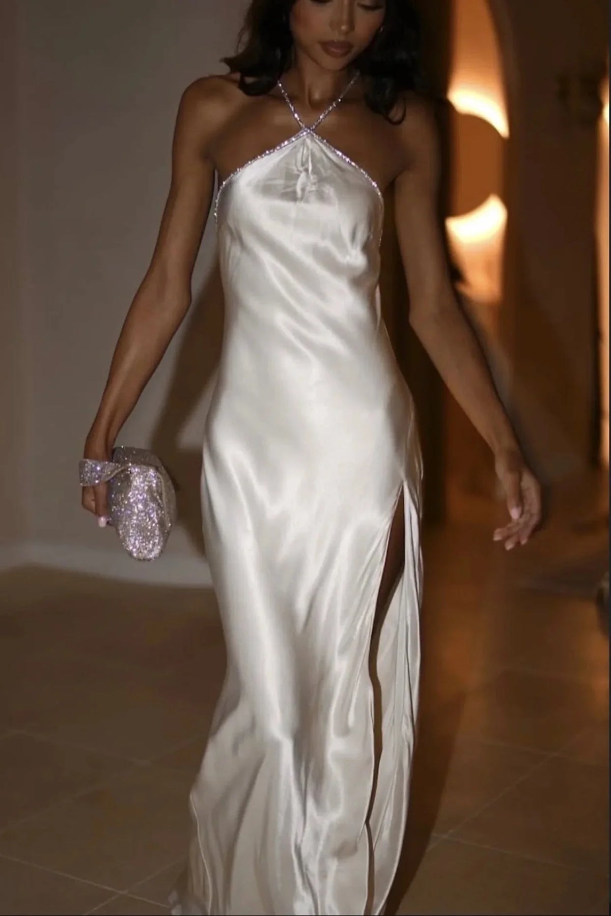 Trendy Sheath Halter Neck White Long Party Dress with Open Back Beading