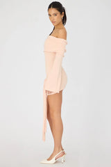 Orange Knitted Off Shoulder Tie Waist Mini Dress
