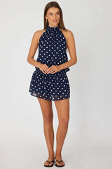 Blue Polka Dot High Neck Dress Mini Chiffon