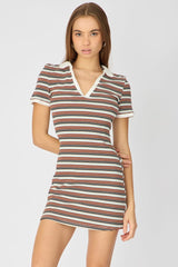 Multi Stripe Contrast Collar Short Sleeve Mini Dress