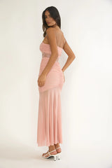 Sade Strapless Sheer Panel Ruched Maxi Dress Blush