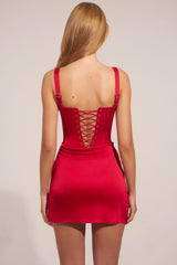 Premium Satin Sweetheart-Neck A-Line Mini Dress in Rose Red