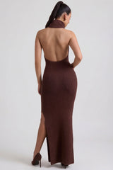 Ribbed-Knit Turtleneck Backless Maxi Dress in Espresso