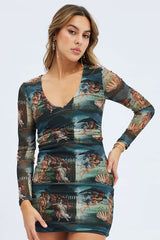 Multi Print Mini Dress Long Sleeve V-Neck Bodycon Ruched Waist