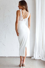 Charice Mesh Bodice Overlay Midi Dress White