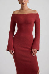 Ribbed-Knit Off-Shoulder Maxi Dress in Brick Red