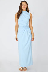 Blue High Neck Ruched Detail Bodycon Dress