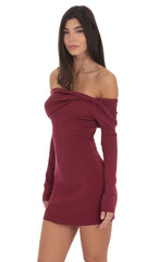 Ribbed Twist Off Shoulder Dress in Plum