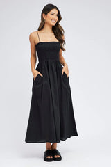 Black Maxi Dress Shirred Bust Poplin
