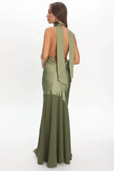 Italia Azure Halterneck Sheer Hem Maxi Dress Olive