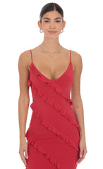 Ruffle V-Neck Maxi Dress in Red