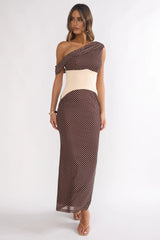 Milos Asymmetric Neckline Maxi Dress Chocolate Dot
