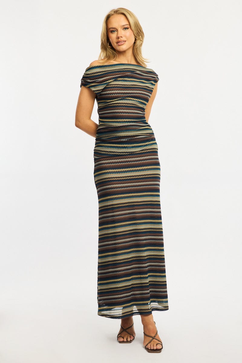Grey Stripe Bodycon Dress Off Shoulder