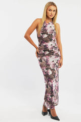 Brown Animal Print Bodycon Dress Halter Neck