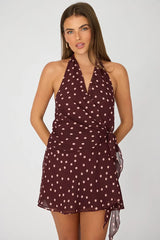 Red Polka Dot Wrap Dress Halter Neck Mini