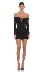 Plunge Off Shoulder Bodycon Dress in Black