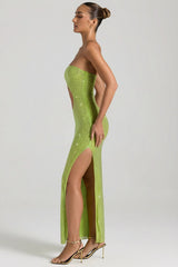 Embellished Cut-Out Bandeau Maxi Dress in Pear Green