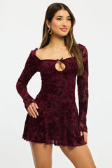 Red Fit And Flare Dress Long Sleeve Burn Out