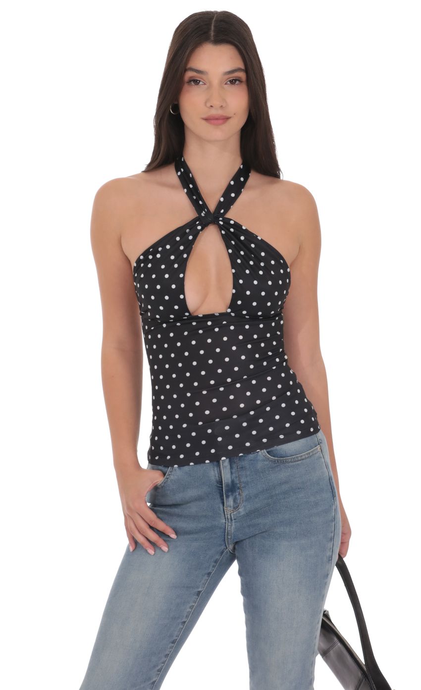 Polka Dot Cross Neck Halter Top in Black