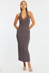 Brown Polka Dot Bodycon Dress Halter Neck