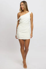 White Bodycon Dress Tie up Shoulder Linen