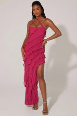 Cross Strap Ruffle Floor Length Dress in Fuchsia
