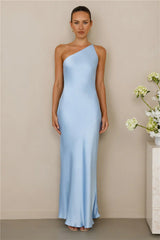 The Evangeline One Shoulder Satin Maxi Dress Blue