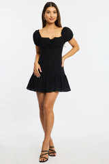 Black Fit And Flare Dress Puff Sleeve Eyelet Fabric