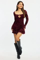 Red Fit And Flare Dress Long Sleeve Burn Out