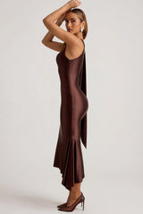 Asymmetric Scarf-Detail Midaxi Dress in Chocolate Brown