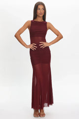 Sade Sheer Panel Ruched Maxi Dress Wine