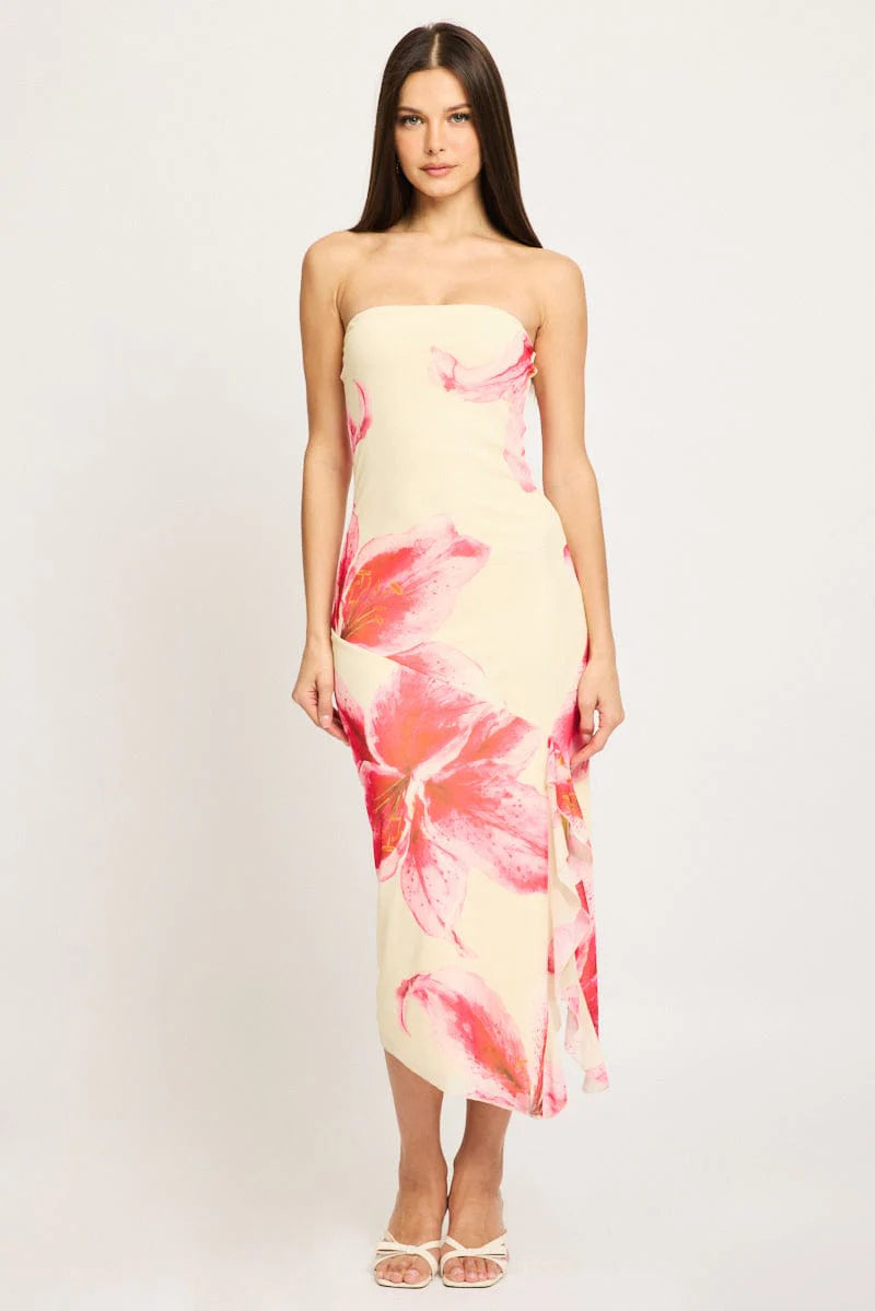Yellow Floral Bodycon Dress Mesh Floral