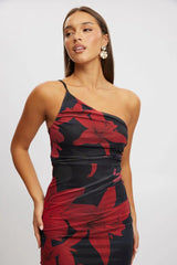 Black Floral Bodycon Dress One Shoulder