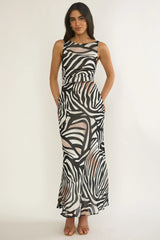Floating Tied Low Back Maxi Dress Print Black/White