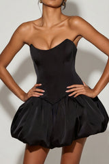 Lace-Up Bubble Hem Corset Micro Mini Dress in Black