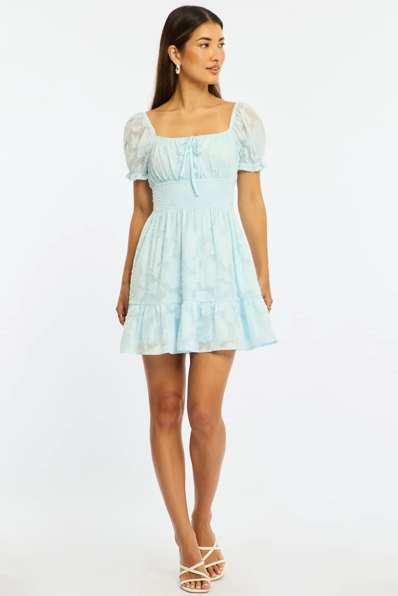Blue Fit And Flare Dress Puff Sleeve