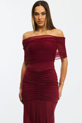 Red Off Shoulder Maxi Dress Mesh