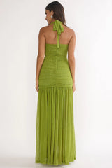 Galinda Ruched Bodice Halterneck Maxi Dress Olive