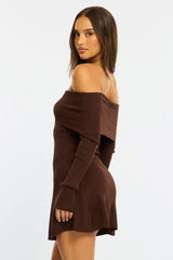 Brown Knit Dress Long Sleeve Off Shoulder