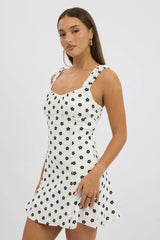 White Floral Mini Dress Gathered Bust