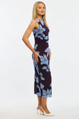 Purple Floral Bodycon Dress Sleeveless Mesh
