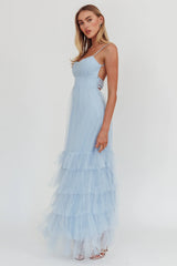 Nerida Twist Back Frill Trim Mesh Maxi Dress Steel Blue