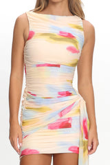 Luli Boat Neck Sash Mini Dress Floral