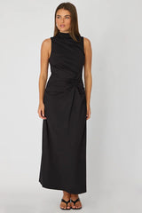 Black High Neck Ruched Detail Bodycon Dress