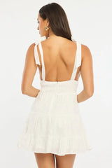White Fit And Flare Dress Shoulder Tie Eyelet Fabric