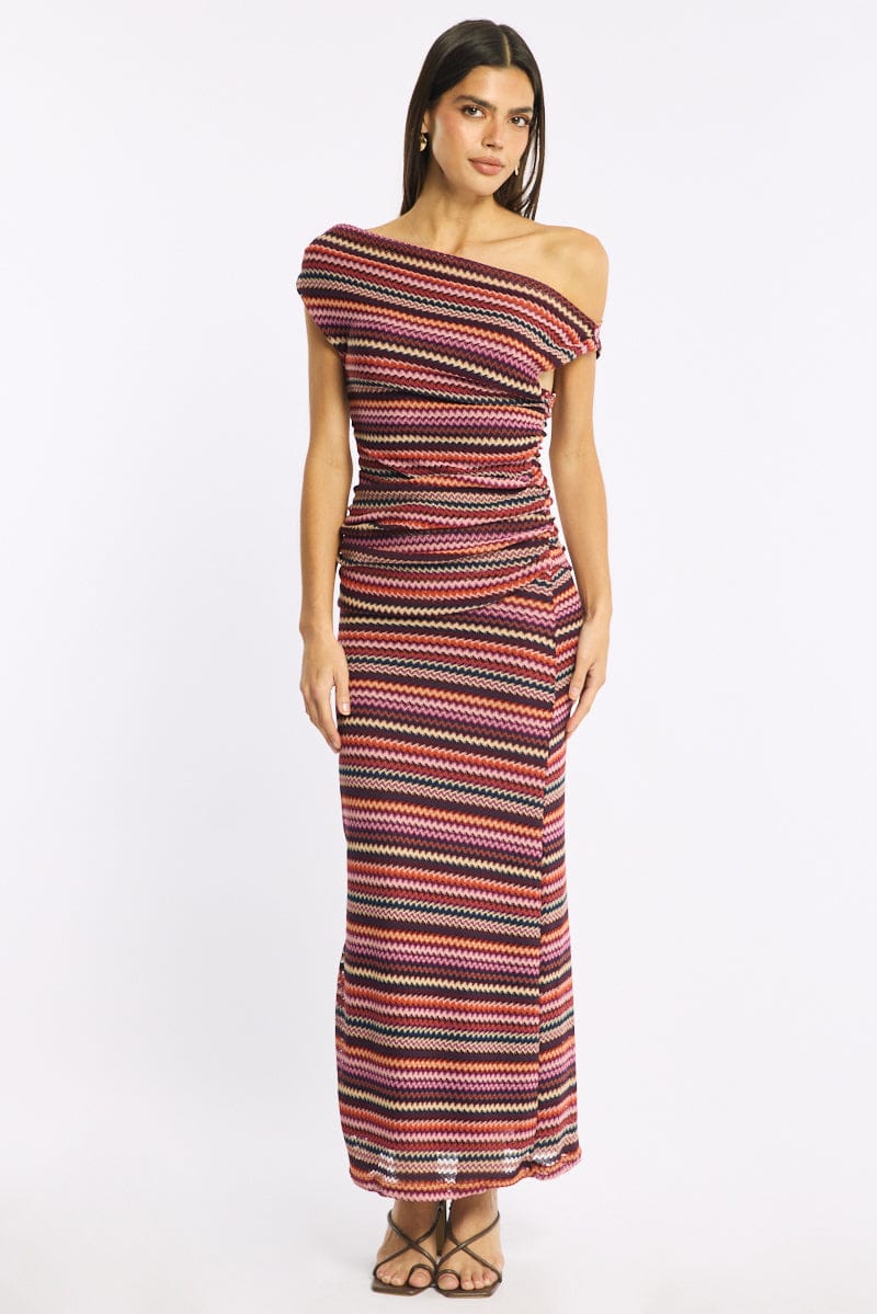 Red Stripe Bodycon Dress Off Shoulder