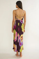 Floating Strappy Low Back Maxi Dress Pansies Plum