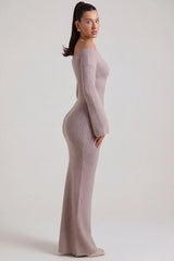 Ribbed-Knit Off-Shoulder Maxi Dress in Taupe